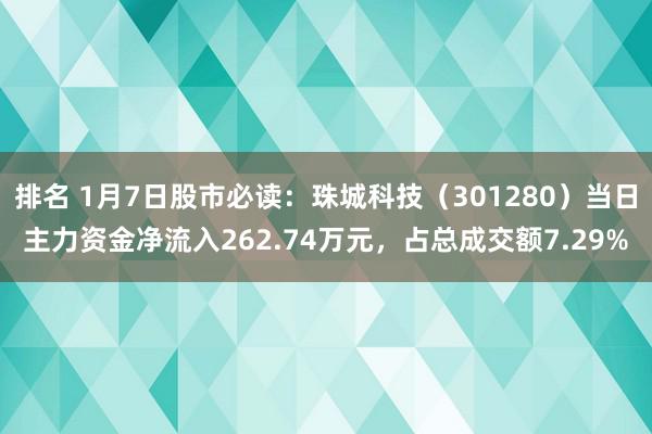 排名 1月7日股市必读：珠城科技（301280）当日主力资金净流入262.74万元，占总成交额7.29%