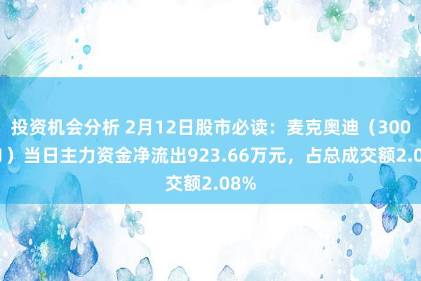 投资机会分析 2月12日股市必读：麦克奥迪（300341）当日主力资金净流出923.66万元，占总成交额2.08%